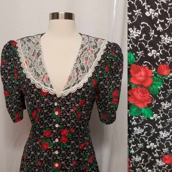 Vintage 80s Retro Gothic Floral Rose Lace Belted Button Front Midi Dress Md - Picture 3 of 8